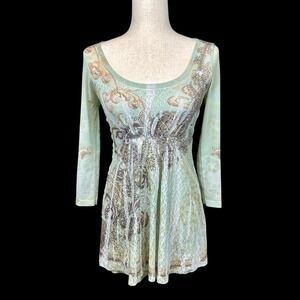 Vintage Y2K 2000s Babydoll Fairy Paisley Boho Sheer Overlay Embellished Top